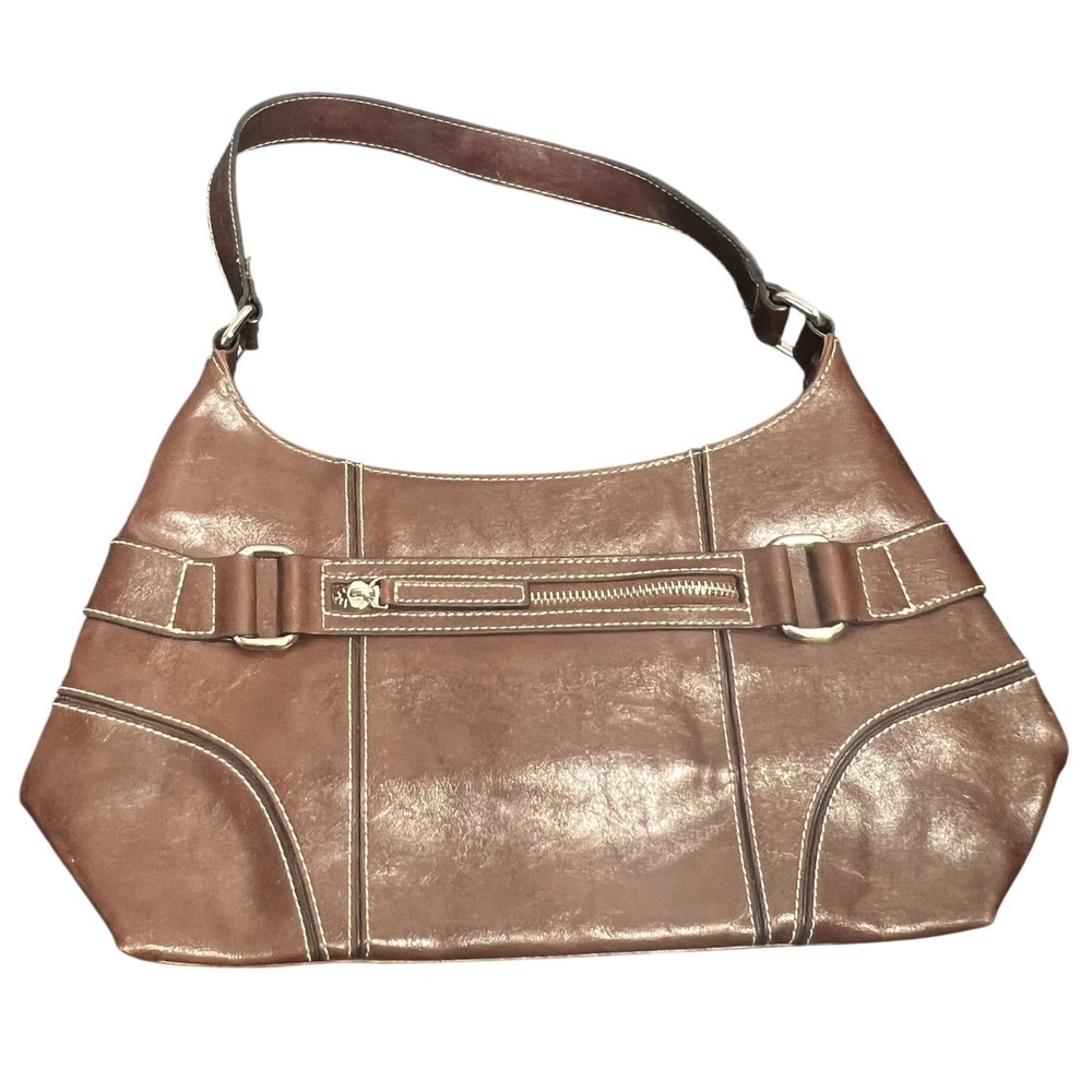 Massini Brown Leather Shoulder Bag Hobo Purse White Contrast Stitching Silver